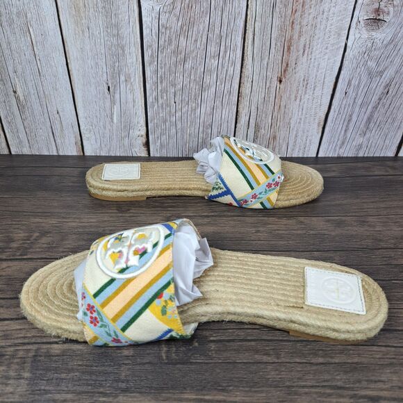 Tory Burch Benton Open Toe Women's Sz 8.5 Espadrille Slides Ribbon Weave Floral - Picture 6 of 9
